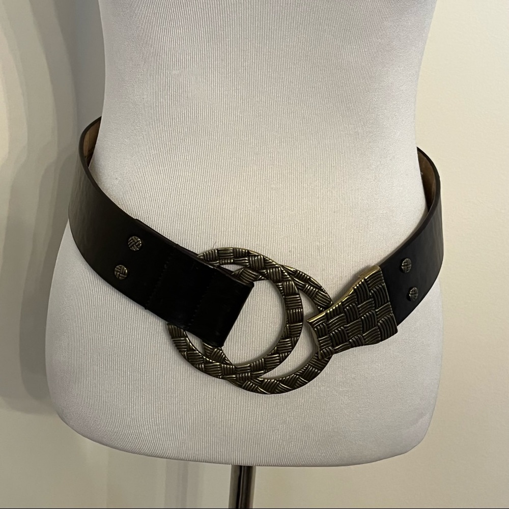 Chico's Black Adjustable Belt, Circular Basket Weave Buckle Size S/M